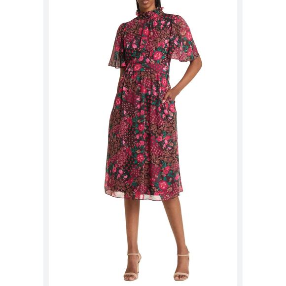 NEW Julia Jordan Ruffle Mockneck Floral Flutter Sleeve Floral Midi Dress - Picture 1 of 13